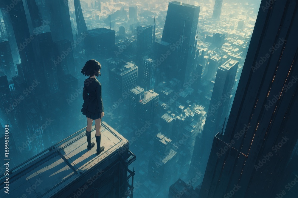 未来都市を見下ろす少女の後ろ姿、アニメーションスタイル 未来都市を見下ろす少女の後ろ姿、アニメーションスタイル