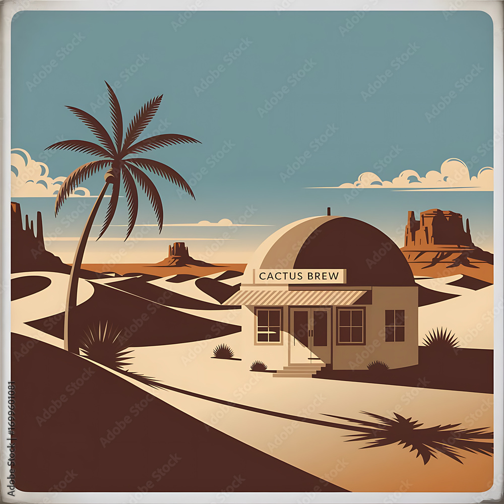 Obraz premium Vintage desert scene with Cactus Brew shop, palm tree, and iconic southwestern landscape