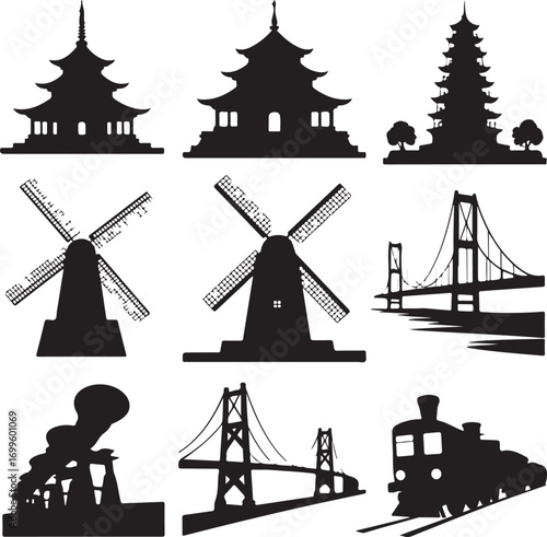 Silhouettes of Asian Temples Windmills Bridges and Trains Keywords: silhouette, pagoda, temple
