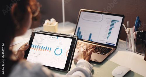 Photos Hands, woman and tech with graphs at house for accounting, analytics and finance balance