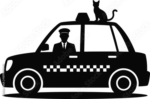Stylized silhouette of a taxi driver with a cat on the roof
