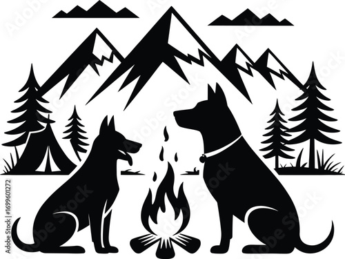 Two dogs enjoying a camping trip in a mountainous landscape silhouette