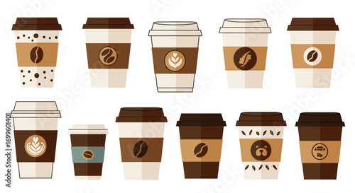 Collection of Illustrated Coffee Cups with Various Designs and Colors.