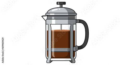 French Press Coffee Maker with Brewed Coffee Inside Silver and Black.