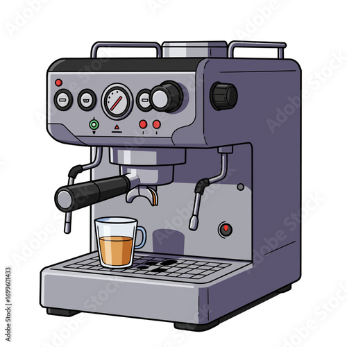 Espresso Machine with Glass Cup Cartoon Style Illustration.
