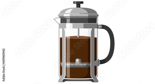 French Press Coffee Maker with Dark Brewed Coffee Inside.