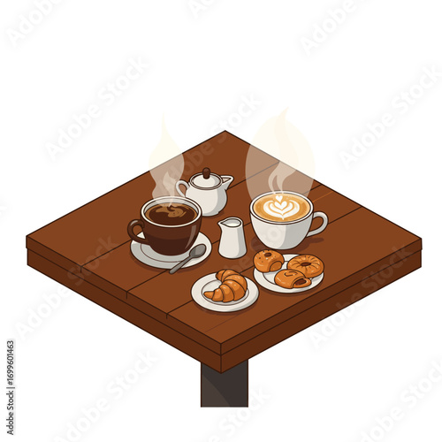 Isometric Coffee and Pastries on Wooden Table Illustration 1.