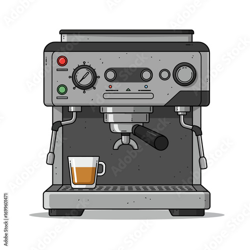 Illustrated Espresso Machine with Cup of Coffee Gray and Black.