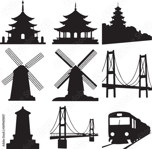 Collection of Silhouette Icons Featuring Asian Pagodas Windmills and Bridges Asian architecture