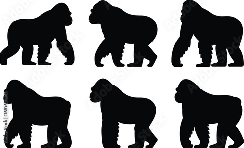 Gorilla silhouette vector illustration, powerful wild animal poses, black gorilla icons for zoo, jungle, wildlife, mascot, and graphic design