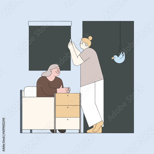 Caring adult helps elderly person in assisted living facility room during the day
