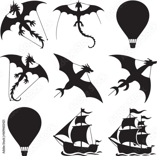 Silhouette Collection Of Dragons Hot Air Balloons And Sailing Ships Keywords: dragon, silhouette