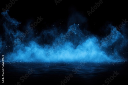 黒背景に水色の煙が立ち込める抽象的な背景素材
