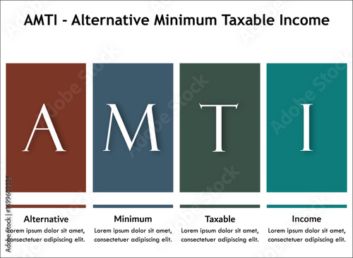 AMTI - Alternative minimum taxable income. Infographic template with icons and description placeholder
