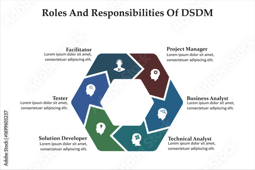 Roles and responsibilities of DSDM. Infographic template with icons and description placeholder