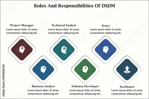 Roles and responsibilities of DSDM. Infographic template with icons and description placeholder