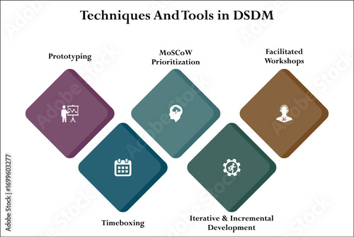 Tools and techniques in DSDM. Infographic template with icons and description placeholder