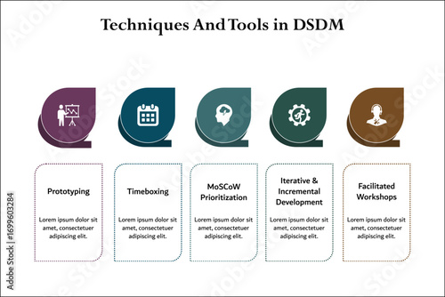 Tools and techniques in DSDM. Infographic template with icons and description placeholder