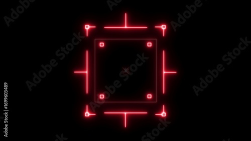 Red neon geometric target reticle with square and crosshair on black background aiming scope
