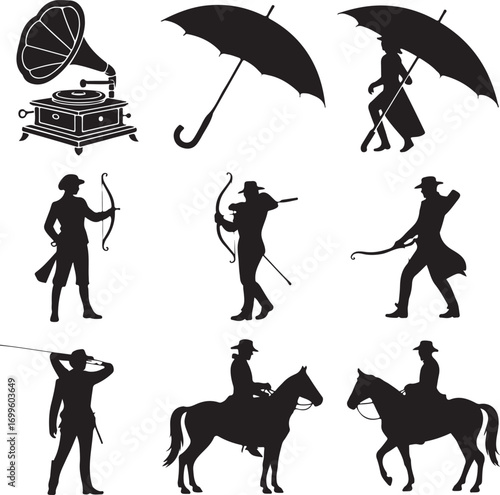 Silhouette Icons of Gramophone Umbrella Archer and Horse Rider collection