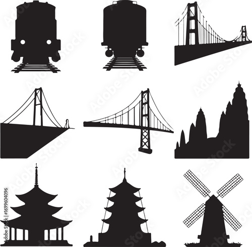 Silhouettes of Trains Bridges Asian Pagodas and a Windmill Keywords: silhouette, train, locomotive