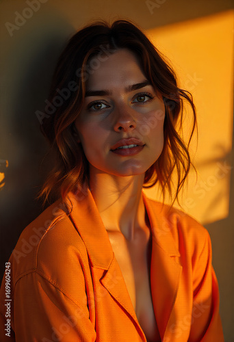 Vibrant portrait of a confident woman in stylish orange blazer bathed in warm sunlight, radiating positive energy