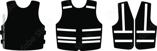 Safety vest vector silhouettes, reflective life vest, protection gear icon set for construction, security, marine, safety, and industrial design
