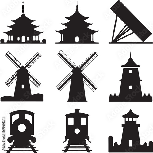 Silhouette Collection of Asian Pagodas Windmills Lighthouses and Trains Keywords: silhouette