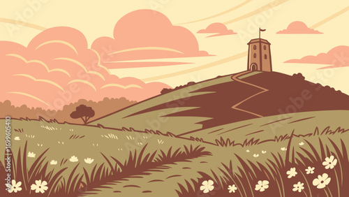Scenic landscape illustration of tower on hilltop with winding path and flowers, perfect for travel blog