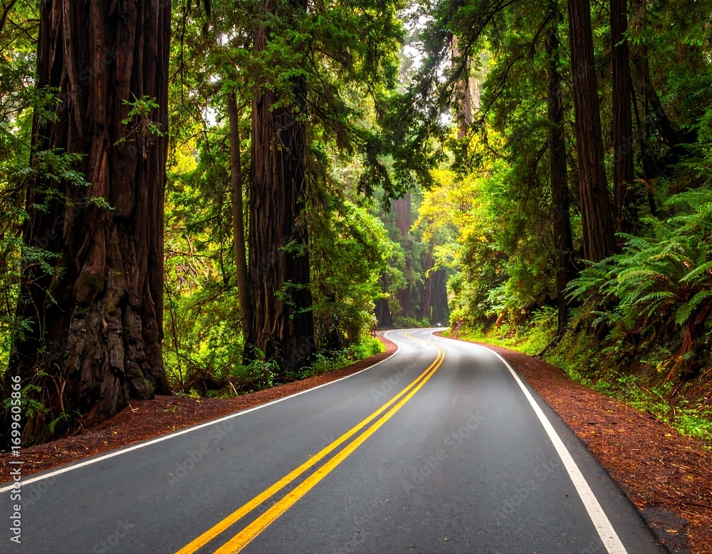 Naklejka premium Journey through the giants: Scenic redwood drive with endless green canopy