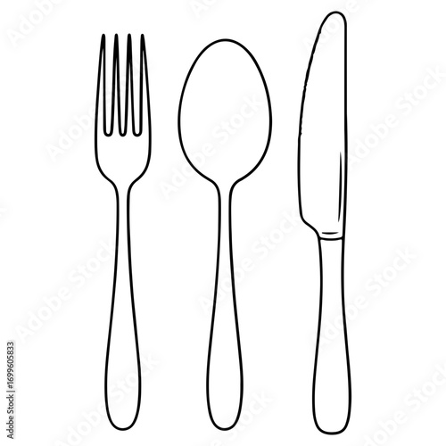 A set of cutlery including a fork, spoon, and knife. Simple line art illustration of tableware for dining, restaurant, and food concepts.