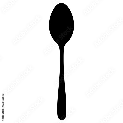 A simple black silhouette of a spoon. A basic kitchen utensil icon for eating, cooking, or serving food. Isolated on a white background.