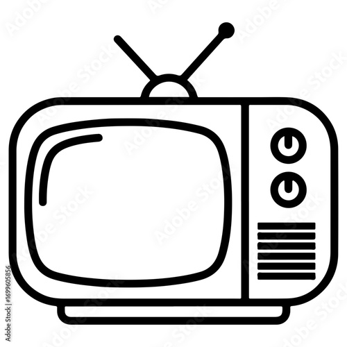 A retro style television set with an antenna. Old electronic device for entertainment and media. Vintage technology icon, black and white outline.
