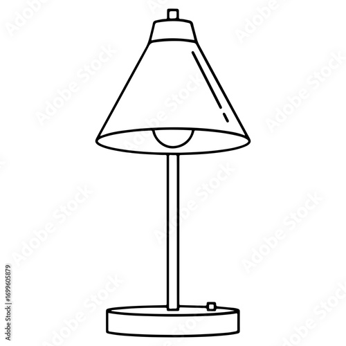 A simple line art drawing of a classic table lamp. Icon for interior design, lighting, furniture, and home decor. Black and white outline sketch for coloring.