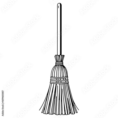 A classic straw broom with a long handle. Cleaning tool for sweeping floors. Isolated household chore equipment. Black and white line art illustration.