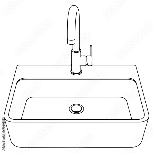 A kitchen sink with a modern faucet. Outline illustration of a plumbing fixture for washing dishes and food preparation. Home interior element.