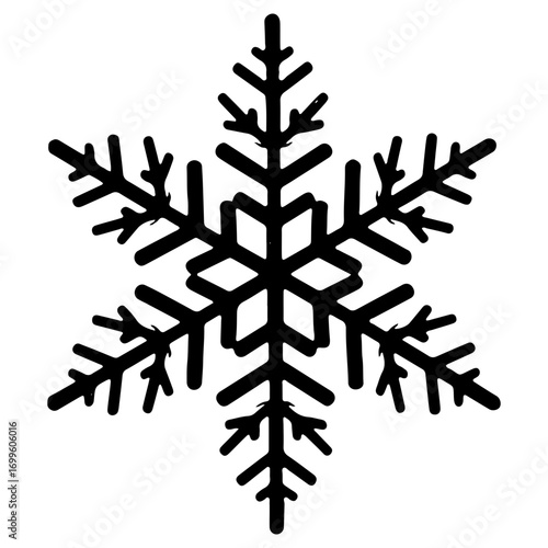 A detailed and symmetrical black illustration of a snowflake. A classic winter icon representing snow, cold weather, and the holiday season.