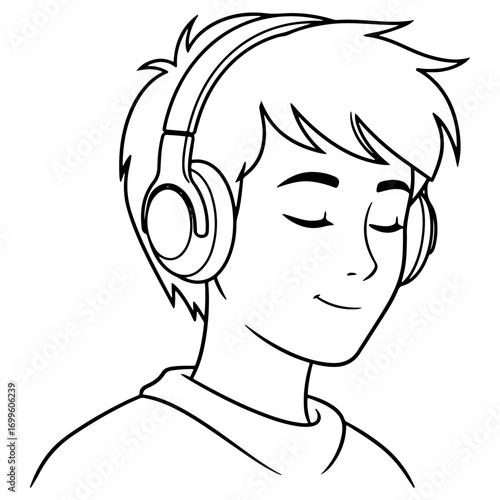 A young man listening to music on headphones with a peaceful smile. A line art drawing of a person enjoying audio, podcasts, or songs in a moment of relaxation.