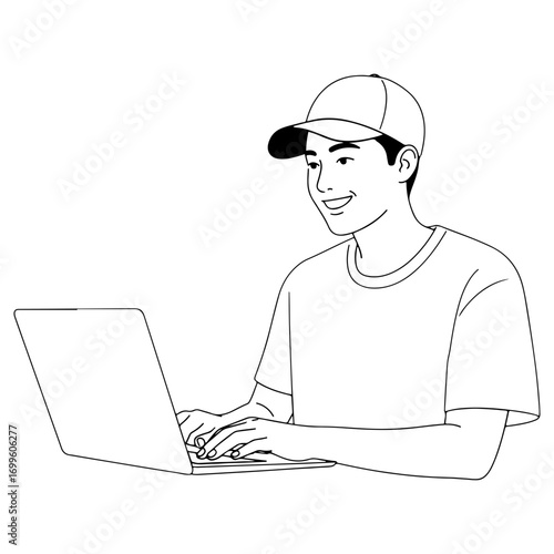 A smiling young man wearing a cap, working or browsing on a laptop computer. Line art illustration of a student or freelancer using technology for work or study.