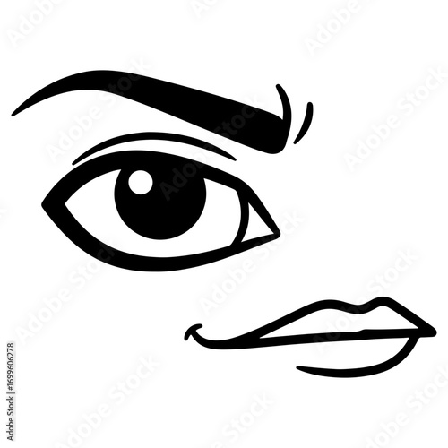 A close up facial expression showing a skeptical or mischievous emotion. A cartoon eye with a raised eyebrow and a smirking mouth. Black and white line art.