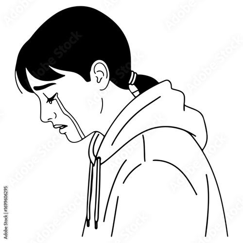 A line art illustration of a person crying with tears streaming down their face. A depiction of sadness, grief, or despair. A sad character wearing a hoodie.