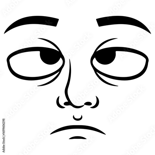 A cartoon facial expression of annoyance, boredom, or disbelief shown by rolling the eyes. A simple black and white line art drawing of a fed up face.