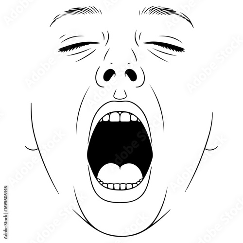 A detailed line drawing of a person's face yawning with mouth wide open and eyes shut. An expression of tiredness, boredom, or sleepiness.