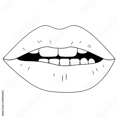 A clean line art illustration of a woman's lips, slightly open to show teeth. A simple black and white drawing for beauty or anatomy concepts.