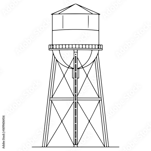 A clean line art illustration of a classic water tower. An industrial or urban architectural structure drawn in a simple, black and white style.