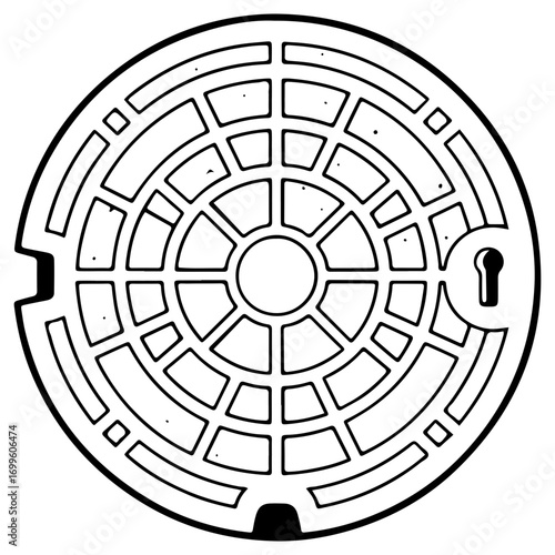 A detailed line drawing of a round, patterned manhole cover. An urban element with a geometric design, commonly found on city streets.