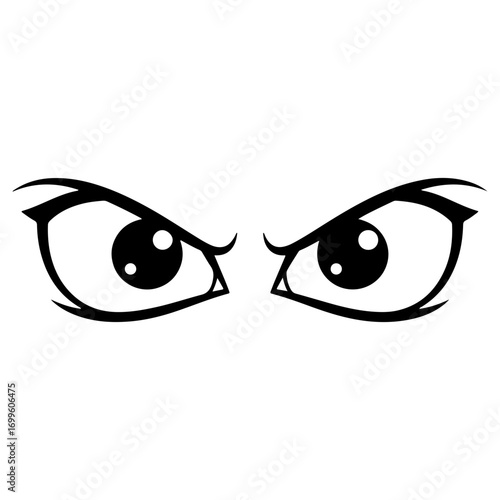 A pair of intense, angry cartoon eyes glaring with a fierce expression. Black and white comic style drawing of a villainous or mad look, perfect for expressing frustration.