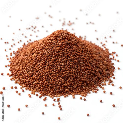 Heap of finger millet (ragi) grains isolated on white background, showcasing their tiny, round texture and nutritious,