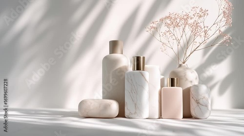 Collection of elegant skincare bottles displayed alongside dried flowers, bathed in soft natural light. Perfect for themes of beauty, self-care, and minimalistic living.