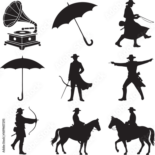 Silhouettes of Vintage Objects and Historical Figures Keywords: silhouette, vintage, gramophone